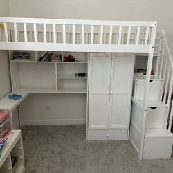 Wood Loft Bed With Stairs, Desk, Closet, Drawer, And Bookshelf