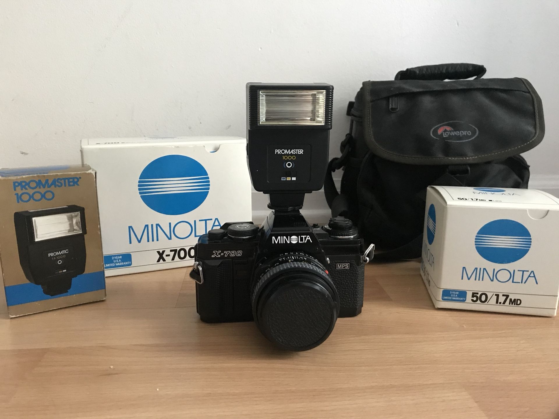 Minolta X-700 Film Camera with 50mm f/1.7 Manual Focus Lens and Promaster Automatic Flash