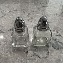 Vintage Clear Glass Miniature Square Salt and Pepper Shakers Chrome Tops