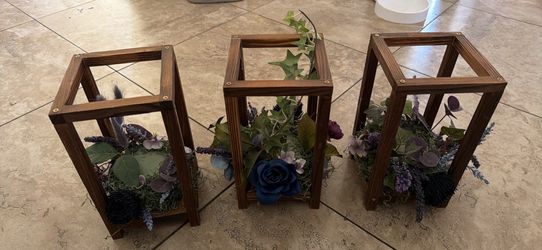 Set of 3 Wooden Lantern Floral Centerpieces