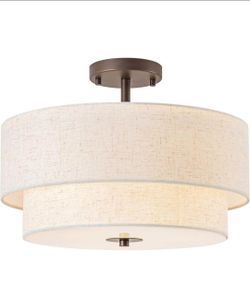Bargeni 16" Semi Flush Mount Ceiling Light, 3-Light Drum Ceiling Light Fixture, Oil Rubbed Bronze with Double Linen Fabric Shade, Modern Light Fixture