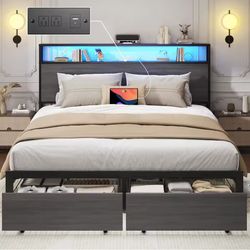 New Queen Bed Base with Charging Station and LED Lights, Metal Bed Frame with 2 Storage Drawers and Headboard, No Box Spring Needed, Easy Assembly, No