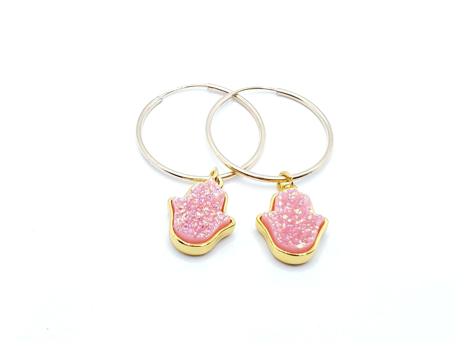 New! 14K Gold filled Druzy Hamsa charm hoop earrin