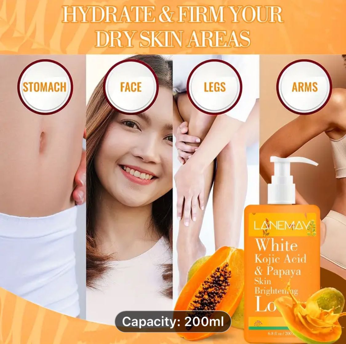 200ml Kojic Acid & Papaya Skin Lotion, Improve The Look Of Dark Spots For Face & Body Smooth, Uneven Skin Tone With Hyaluronic Acid, Gently Remove You