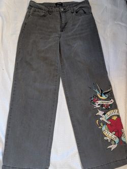Ed Hardy Gray Baggy Jeans With Embroidery 