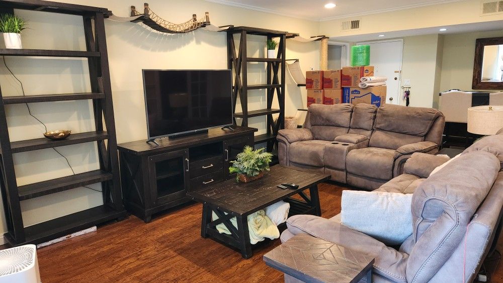 Beautiful Living Room Set - Recliner Couch & Loveseat, Coffee & Side Tables, Matching Bookshelves & Entertainment Center