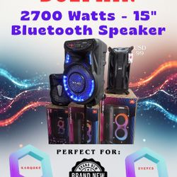 2700 watts 15" bluetooth rechargeable speaker with speaker stand and microphone included.