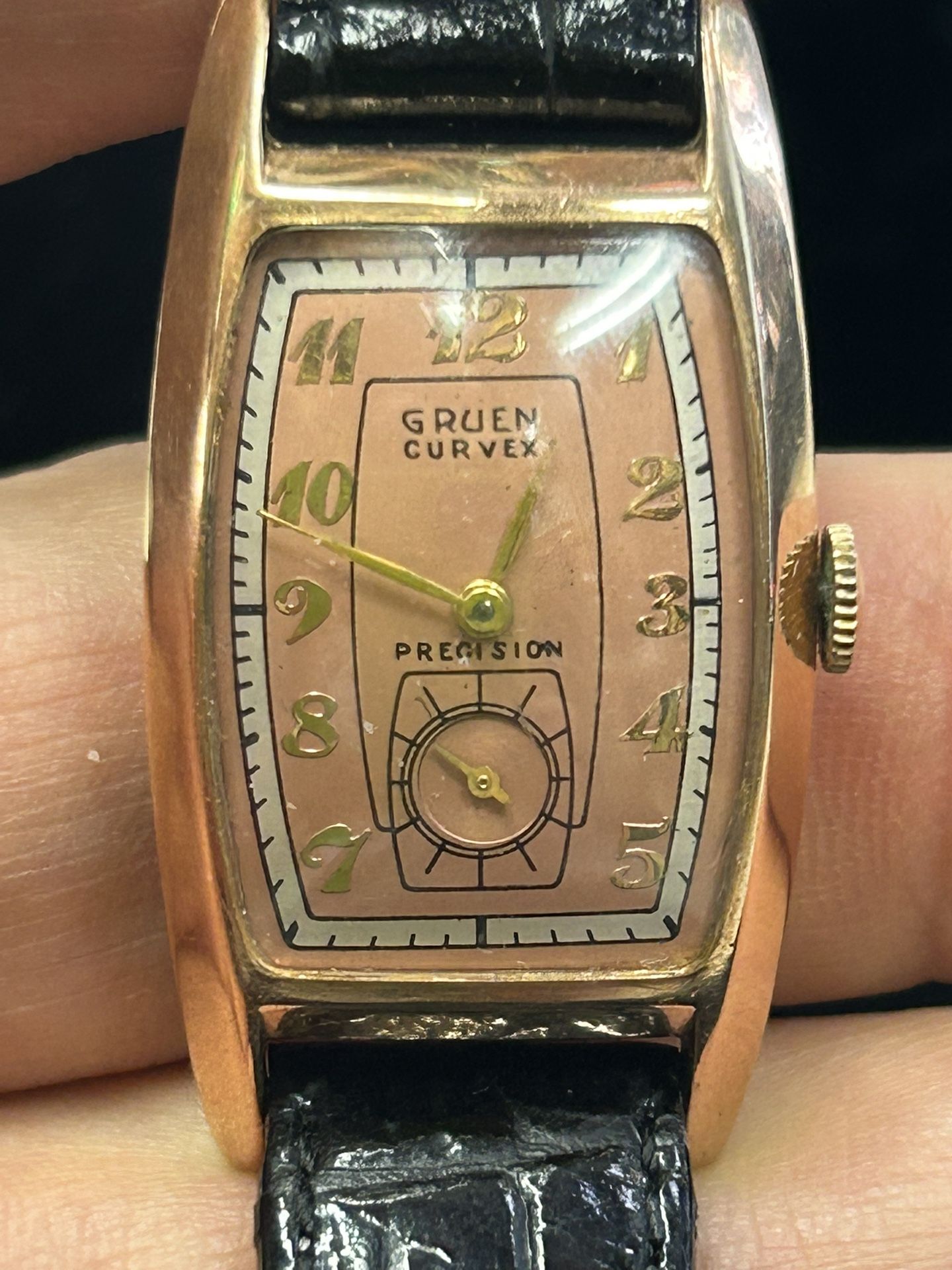 14k Rose Gold Gruen Curvex Watch w/ Leather Strap