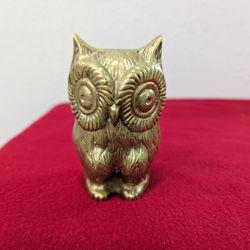 Vintage Solid Brass Horned Owl Figure Paperweight 4 1/8 Inches Tall Detailed