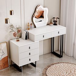 ✌️ White Vanity Desk with 3 Color Touch Screen Dimming Mirror( corner dint) ,Brightness Adjustable, Modern Makeup Table with Adjustable Cabinet and 5 