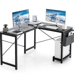 L-Shaped Dark Gray Plus Black Wood Computer Desk
