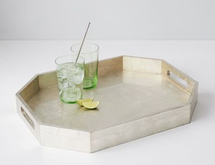 Metallic Silver Wood And Lacquer Tray, Geometric Shape, Serving Tray