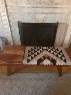 Mid-Century Wood Bench with Upholstered Seat
