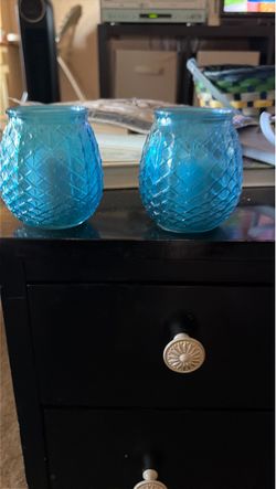 Blue Diamond Cut Glass Votive Candle Holders Set of 2
