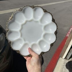 Anchor Fire King Milk Glass Egg Platter With Gold Accent 