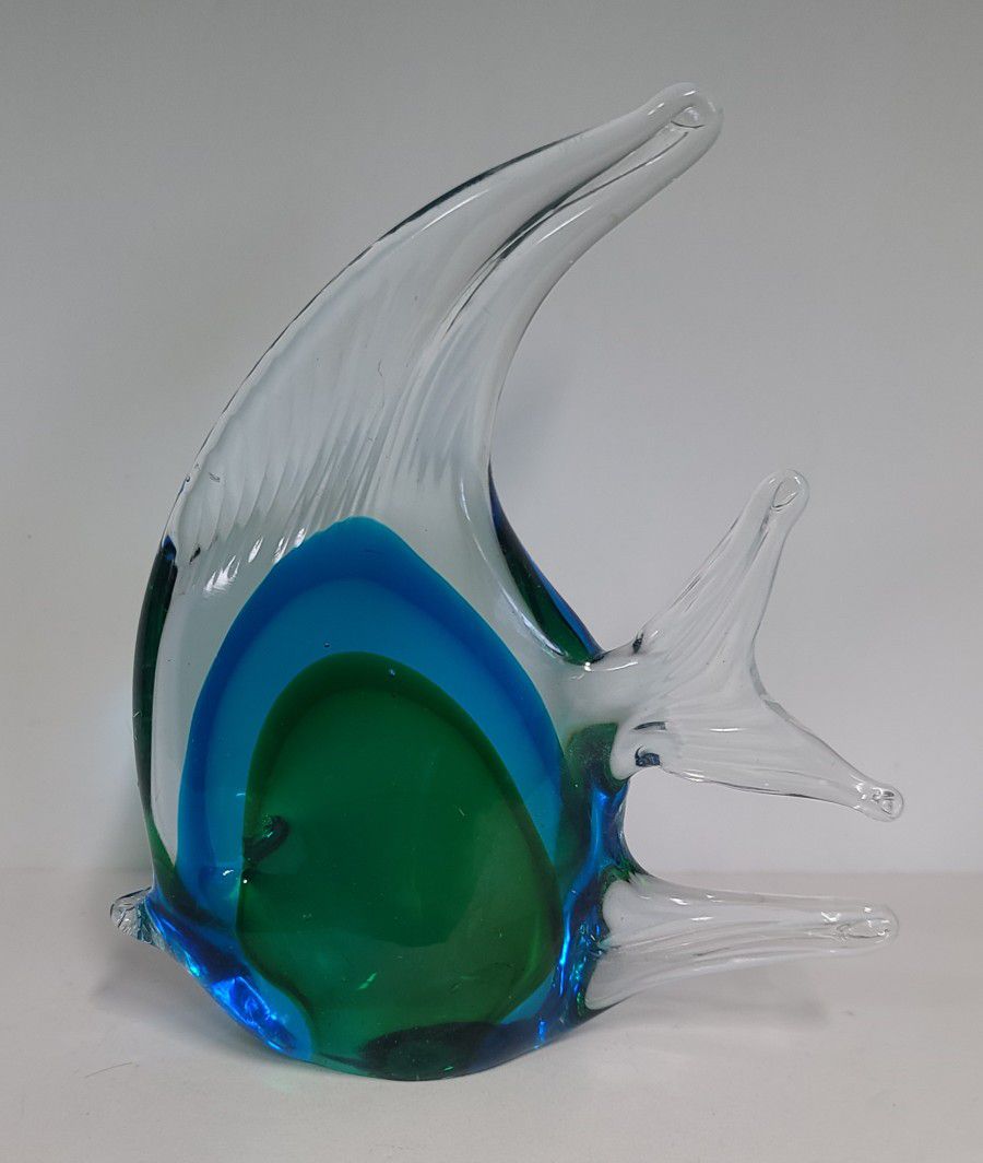 Beautiful Murano Style Green & Blue Art Glass Fish Paperweight 