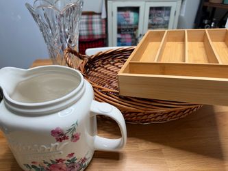 Bamboo silverware tray, basket, Mason pitcher, and beautiful vase