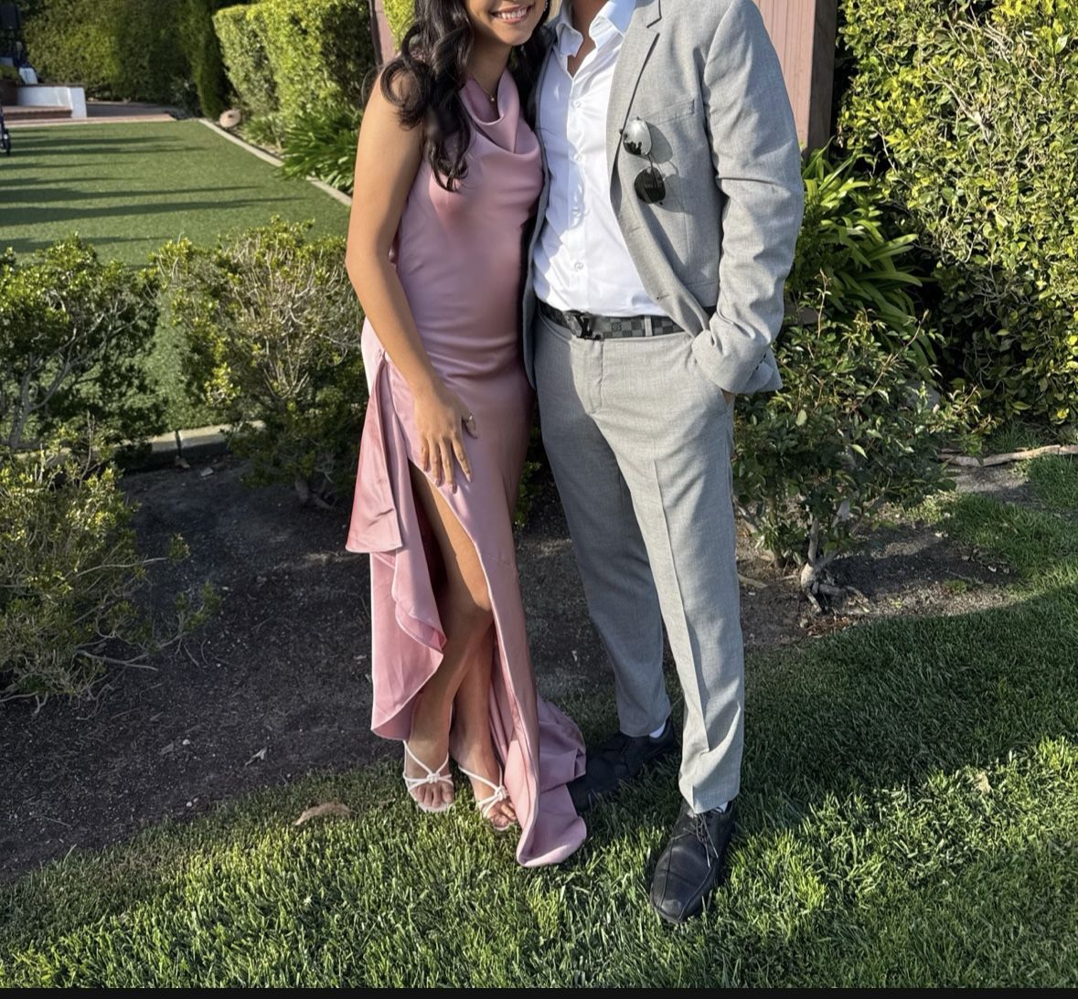 Dusty pink satin wedding guest dress