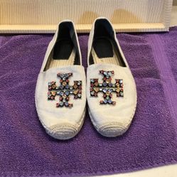 Tory Burch New Style Enamel Decoration Linen Textile Flat Fisherman’s Shoe Size 11