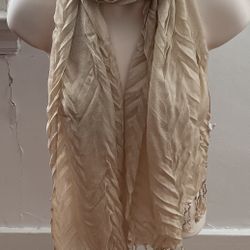 Beige Textured Semi Sheer Scarf with Fringe Trim, size 69”x15”