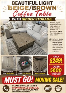 BEAUTIFUL LIGHT BEIGE/BROWN COFFEE TABLE WITH HIDDEN STORAGE!