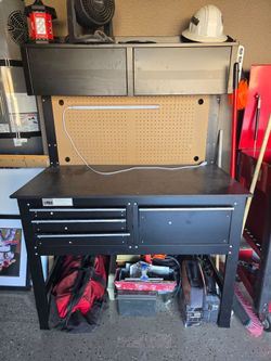 Black Steel Workbench with Pegboard and Drawers