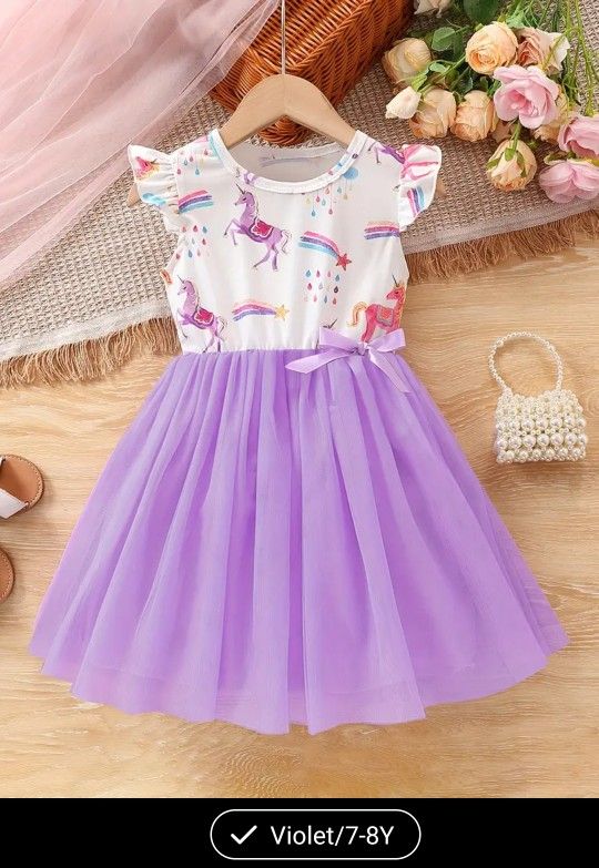 Cute Cartoon Unicorn & Rainbow Print Tulle Dress