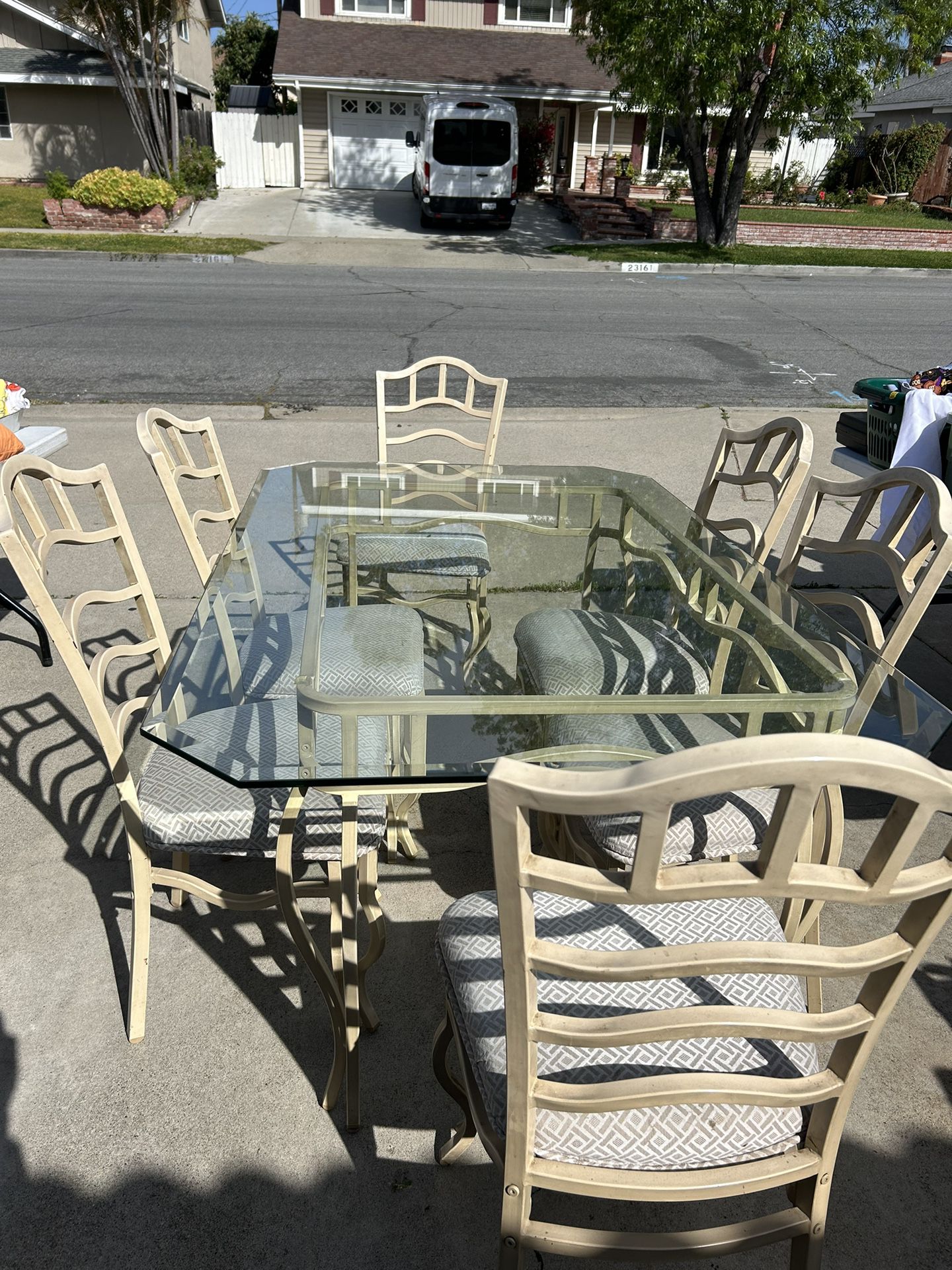 Sturdy Metal Table With 6 chairs Beveled Glass Top