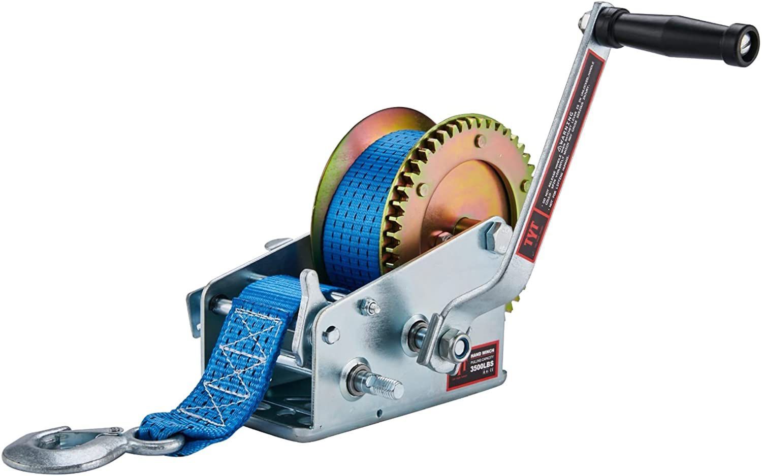 TYT 3200lbs Boat Trailer Winch with Heavy Duty 10M Nylon Blue Strap, Two Way Ratchet 2 Speed Crank Hand Winch, Gear Ratio 4:1/8:1 Manual Winch for ATV