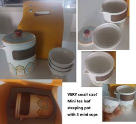 Cute tea set with mini steeper and 3 thimble cups/mugs, carrying bag