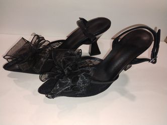 Lacy sheer ribbon strappy black heels..size 8.5/9