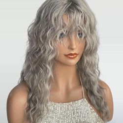 Human hair blend grey curly wavy wig with bang