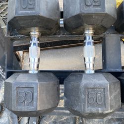 50lb Hex Rubber Dumbbell Set Weights 