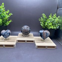 208g 55mm Snowflake Obsidian Sphere, 69g 1.9”x2.1”  Heart, 100g 2” X 2.2” Heart Bundle