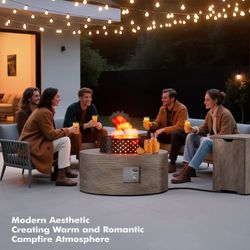 30" Round Wood Grain Iron Fire Pit, 50,000 BTU with Lid, Brown Wood Grain Fire Pit Table for Patio Backyard Garden Camping