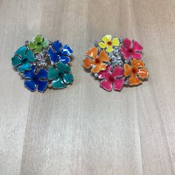 Set of 2 Bright Retro Flower Brooches 