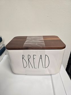New Rae Dunn Ceramic Bread Box With Wooden Lid 10" W x 6" H  FIRM PRICE