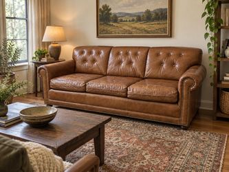 Pecan Leather Sofa – Tufted Back & Nailhead Trim