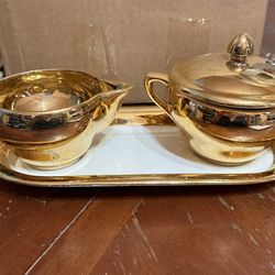 3 Pc 22 Karat Satin Gold Sugar & Creamer Set Make Me An Offer