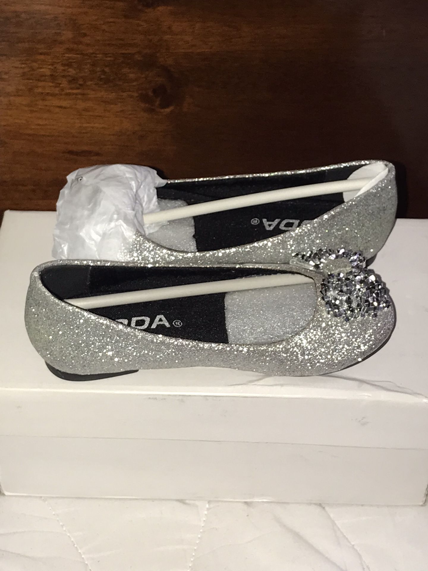 Girls Glitter Silver Flats with Bows