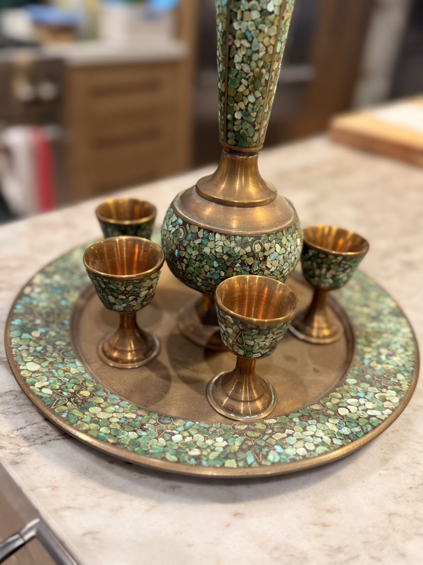 Vintage mosaic decanter, tray and 6 glasses