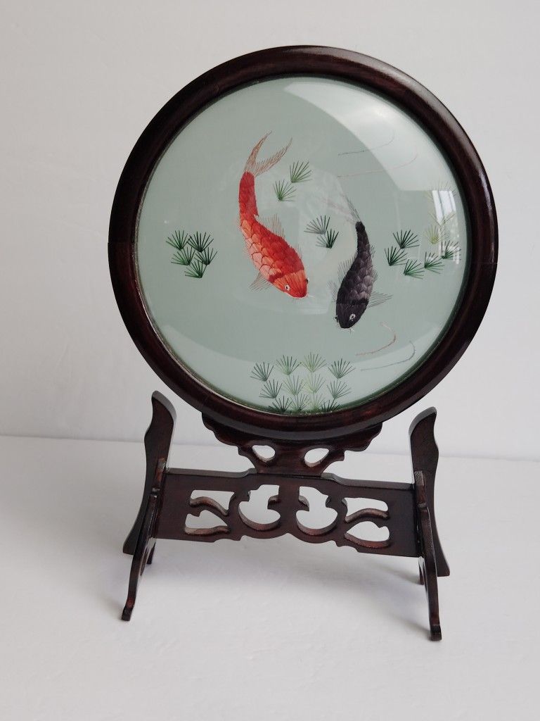 Beautiful 1970's Double Sided Chinese Silk Embroidered Koi Fish Wood Stand