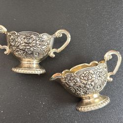 VTG Floral Silver Plated / White Enamel Creamer & Sugar Set, Japan