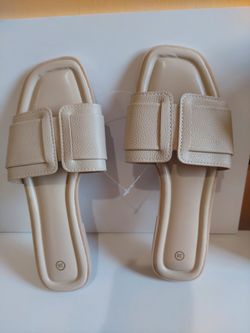 Beige Flat Slide Sandals Size 38