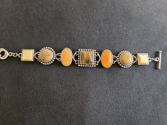 Vintage Whitney Kelley, sterling amber, tigers eye, panel link bracelet  New
