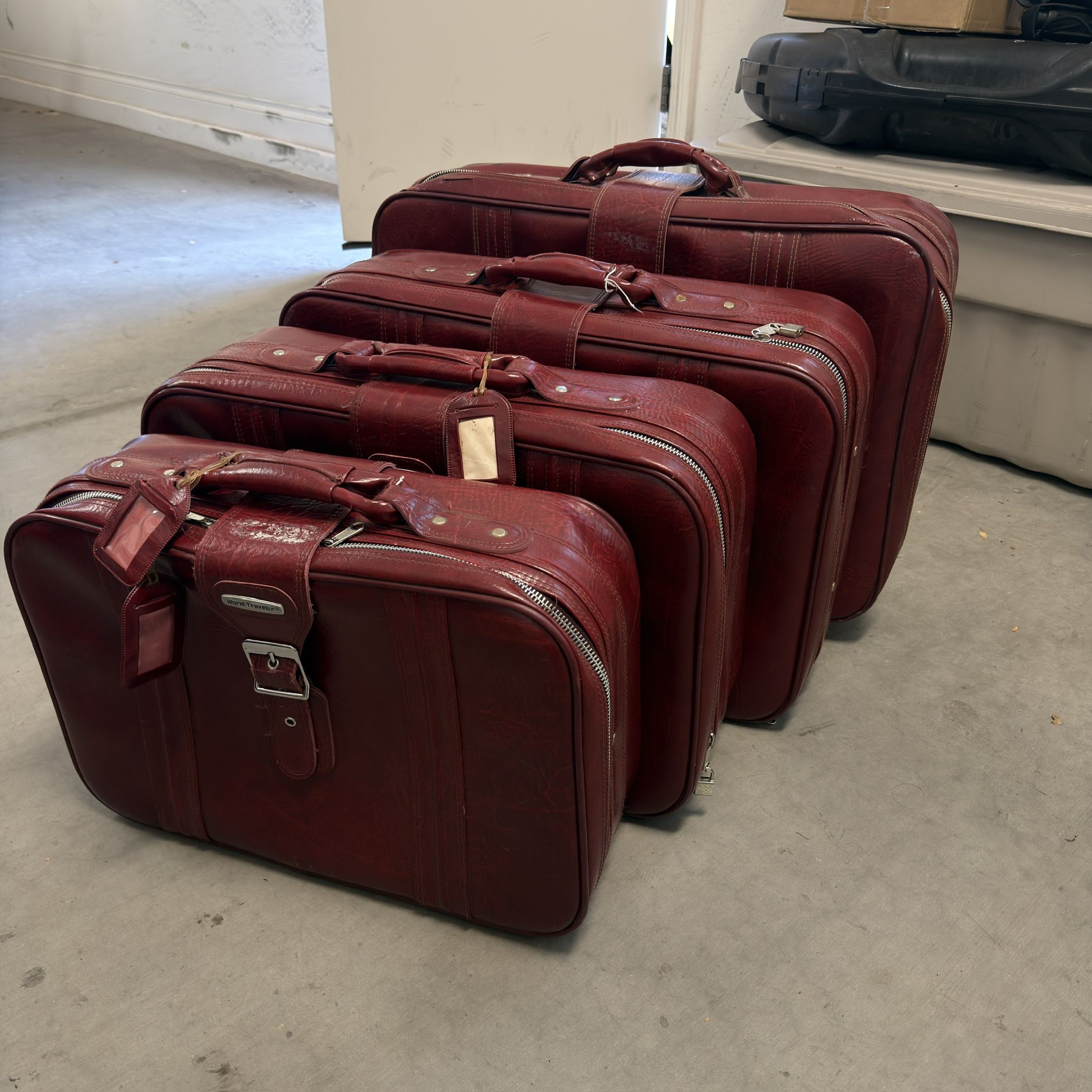 Vintage 80’s World Traveler Red Leather 4 Piece Travel Suitcase Luggage Set