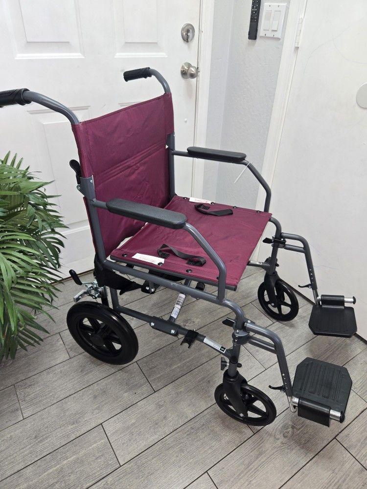 Medline Basic Steel Transport Chair - Full-Length Arms, Swing-Away Footrests, 12" Wheels, Silla De Ruedas