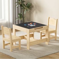 Kids Table and Chair Set, 3 in 1 Solid Pine Wood Kids Table and 2 Chair Set, Toddler Desk, Toddler Table and Chair Set for Girls and Boys Ages 3-10, S