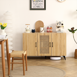 Three-Door Cabinet with Natural  Rattan Mesh - Large Storage Space, Kitchen Storage Cabinet .Stable and Durable Structure, Perfect for Living Rooms or