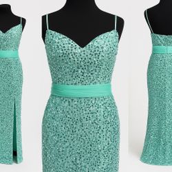 Sparkling Aqua Blue Sequin Evening Gown – Size Medium – Mermaid Silhouette with Tulle Sash
